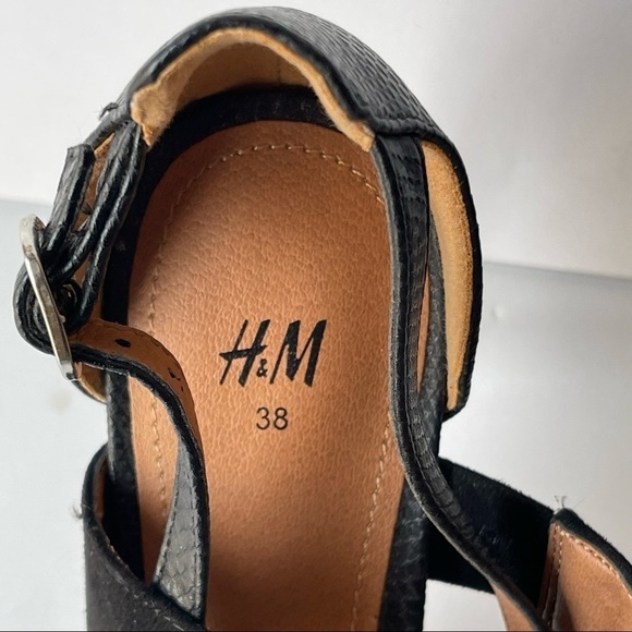H&M Strappy Black Leather Sandals Stiletto Platform Heels, Sz 7 - Picture 11 of 13